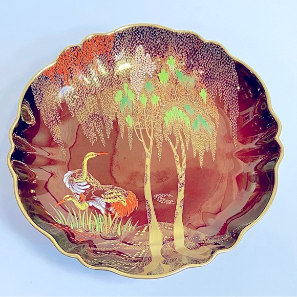 Carlton Ware Rouge Royale Hand Painted Crane/Willow Tree Scene Red Pedestal Dish - Picture 7 of 13